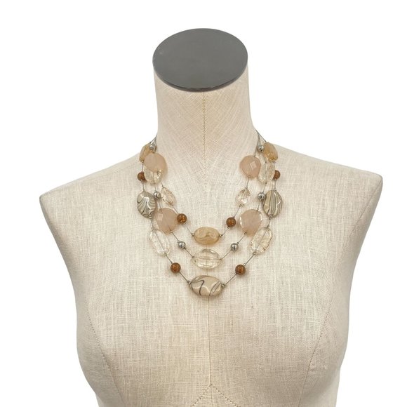 Clear and Brown Plastic and Metal Three Tier Beaded Necklace Y2K Signed NY - Picture 1 of 5